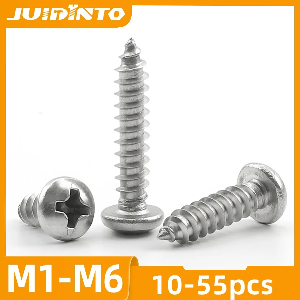 JUIDINTO 30-50pcs 304 Stainless Steel Phillips Pan Head Tapping Screws M1 M1.2 M1.4 M1.7 M2 M3-M8 Cross Round Head Wood Screws