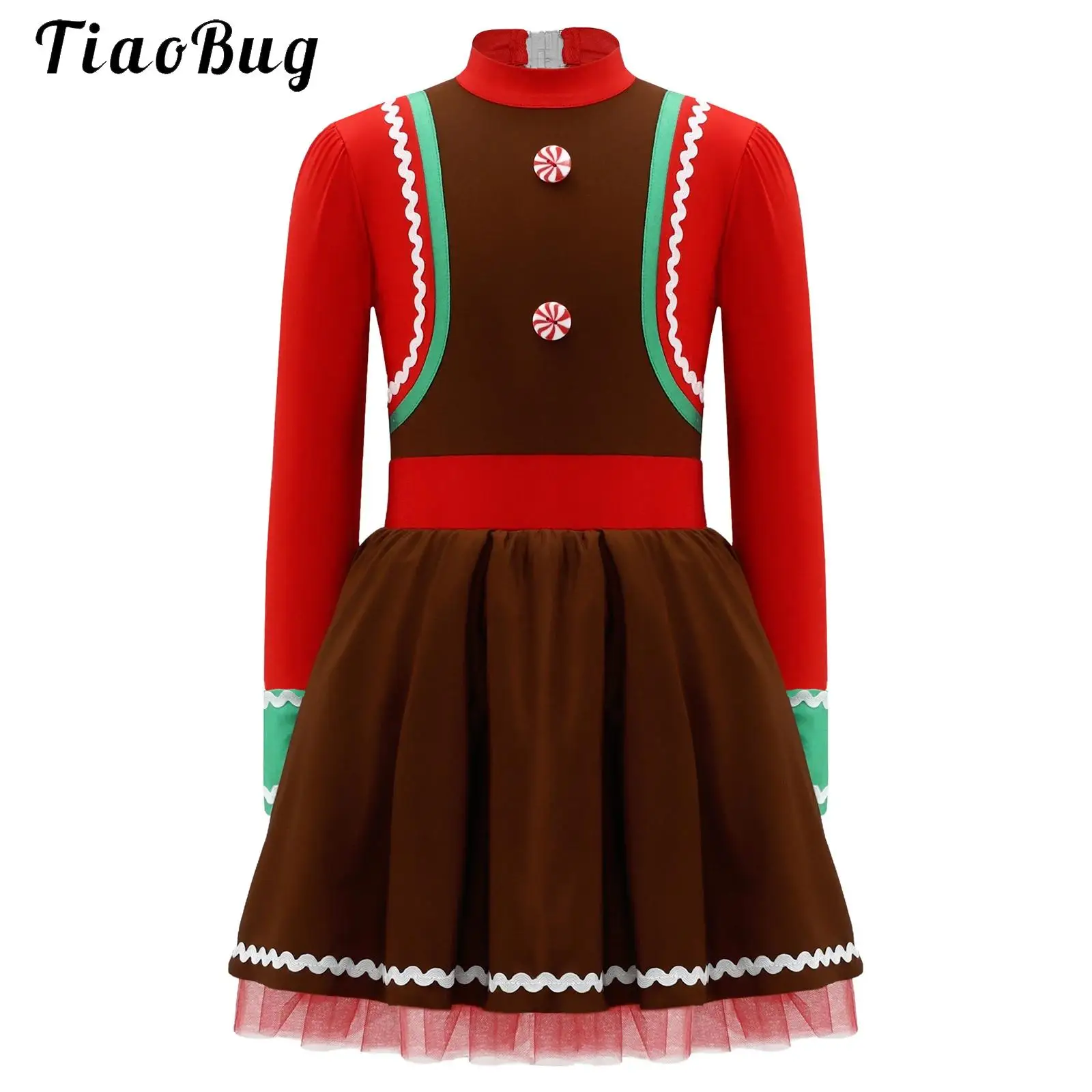 

Kids Girls Christmas Gingerbread Costume Cookie Man Dance Costume Long Sleeve Ballet Tutu Leotard Figure Ice Skating Dancewear