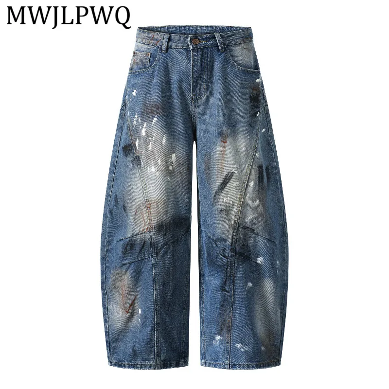 

MWJLPWQ American-Style Washed Distressed Graffiti Machete Jeans Men Vintage Loose Wide-Leg Straight Pants Unisex Trendy 15898