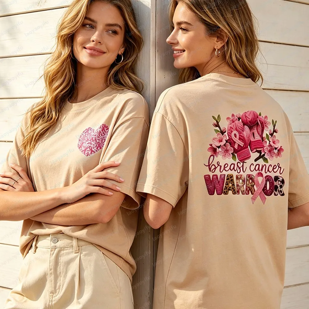 Breast Cancer Warrior Tee Pink Gloves Flowers Ribbon Unisex Streetwear Shirt Breast Cancer Awareness Women Cotton Casual Tees