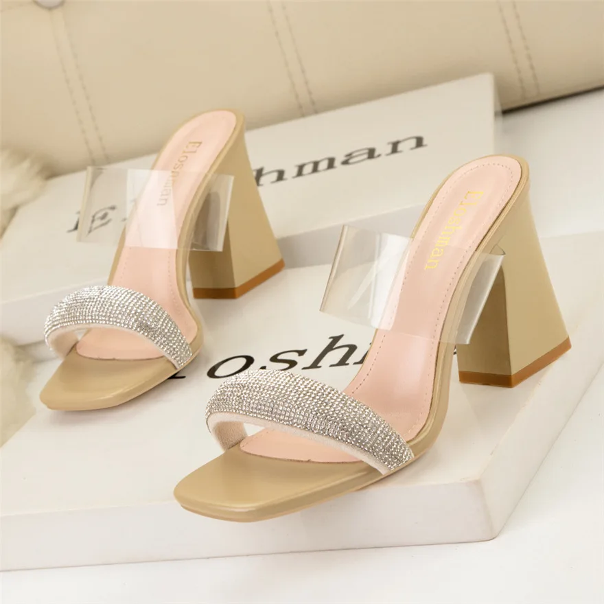 

High Heels Women Sexy Transparent Band Slippers Female Sandals 2024 Summer Square Toe Crystal Platform Thick Heel Banquet Shoes