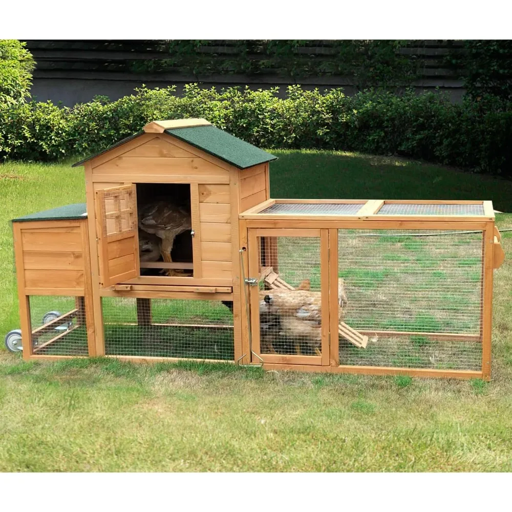 

80’’ Large Chicken Coop with Wheels,Mobile Chicken House for 2-4 Chickens,Wooden Waterproof Hen House with Nesting Box,Run,Tray