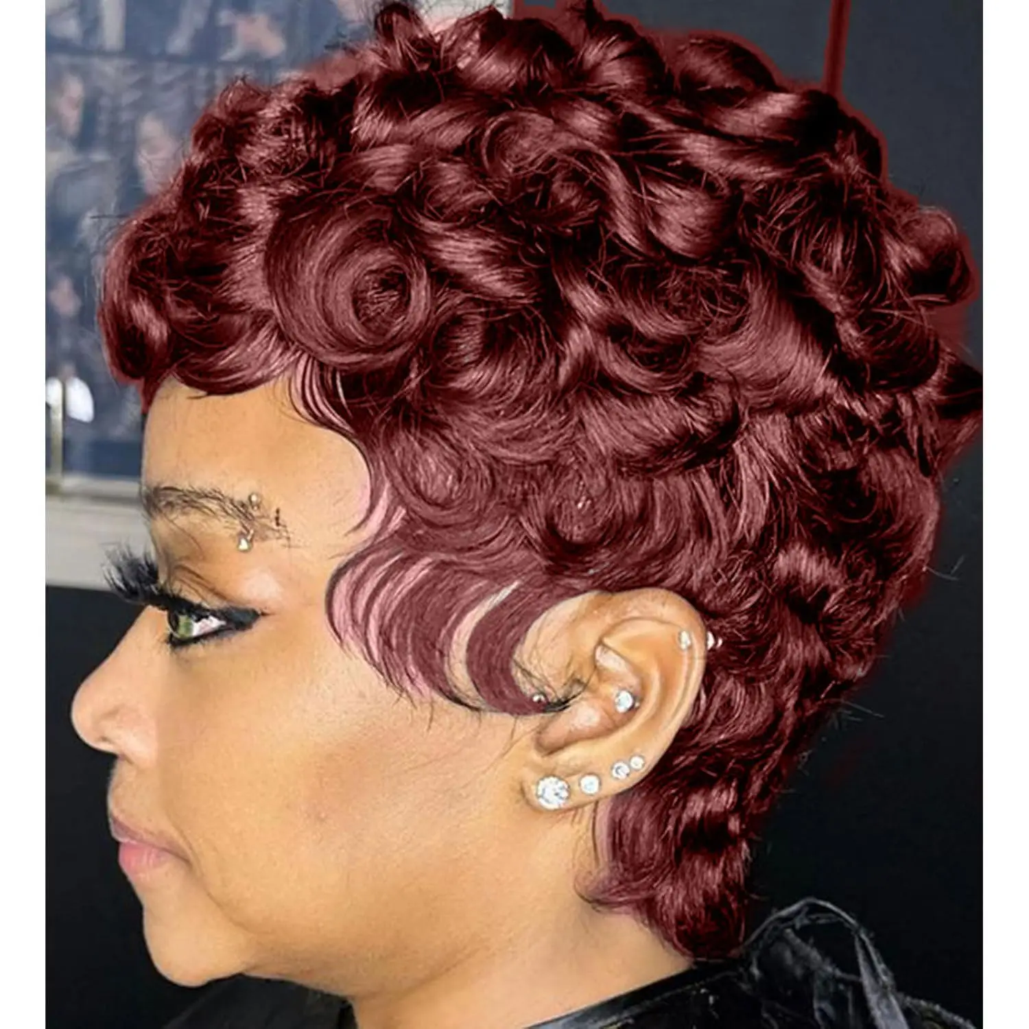 Short Curly Pixie Cut Human Hair Wigs for Black Women Layered Brazilian Remy Burgundy Color Machine Made Wig for Daily Use
