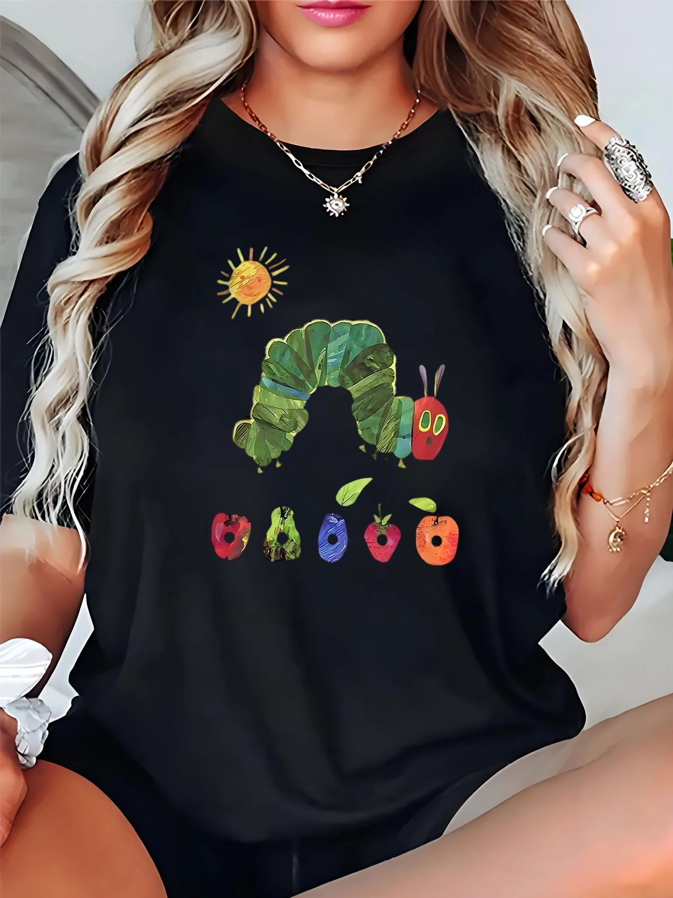 

Easter Print Caterpillar Loose Fit Casual Black T-Shirt with Fruit Details for Women, Daily Wear
