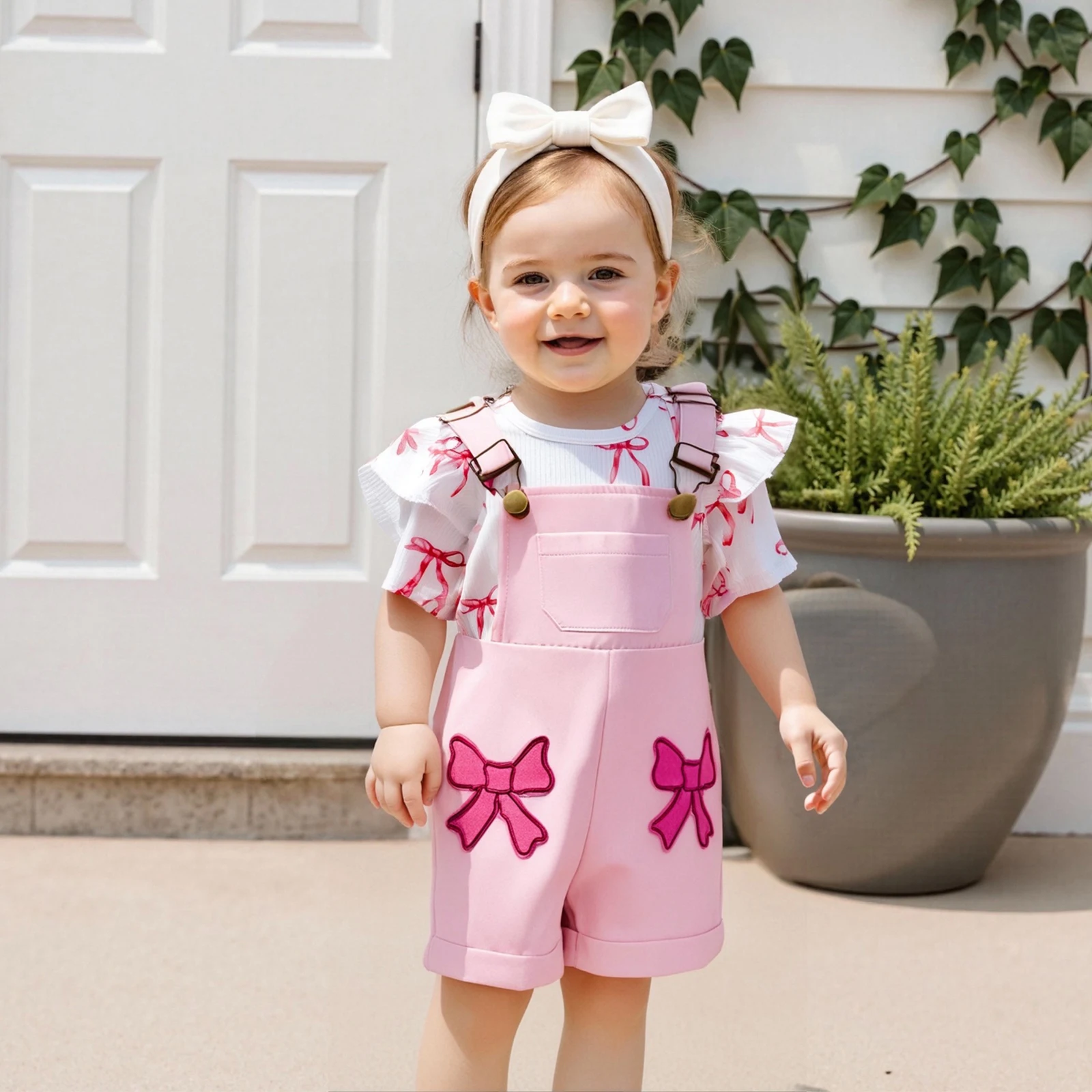 

Baby Clothing Girl Summer Outfit Bow Pattern Ruffled Crew Neck Short Sleeve Romper Overall Shorts 2 Pcs Newborn Clothes Set