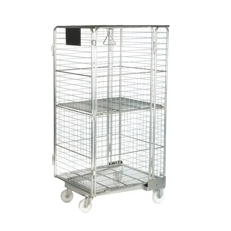 Heavy Duty Galvanized Steel Nesting Cage Trolley Foldable Warehouse Roller Cart With Shelving For Industrial Storage