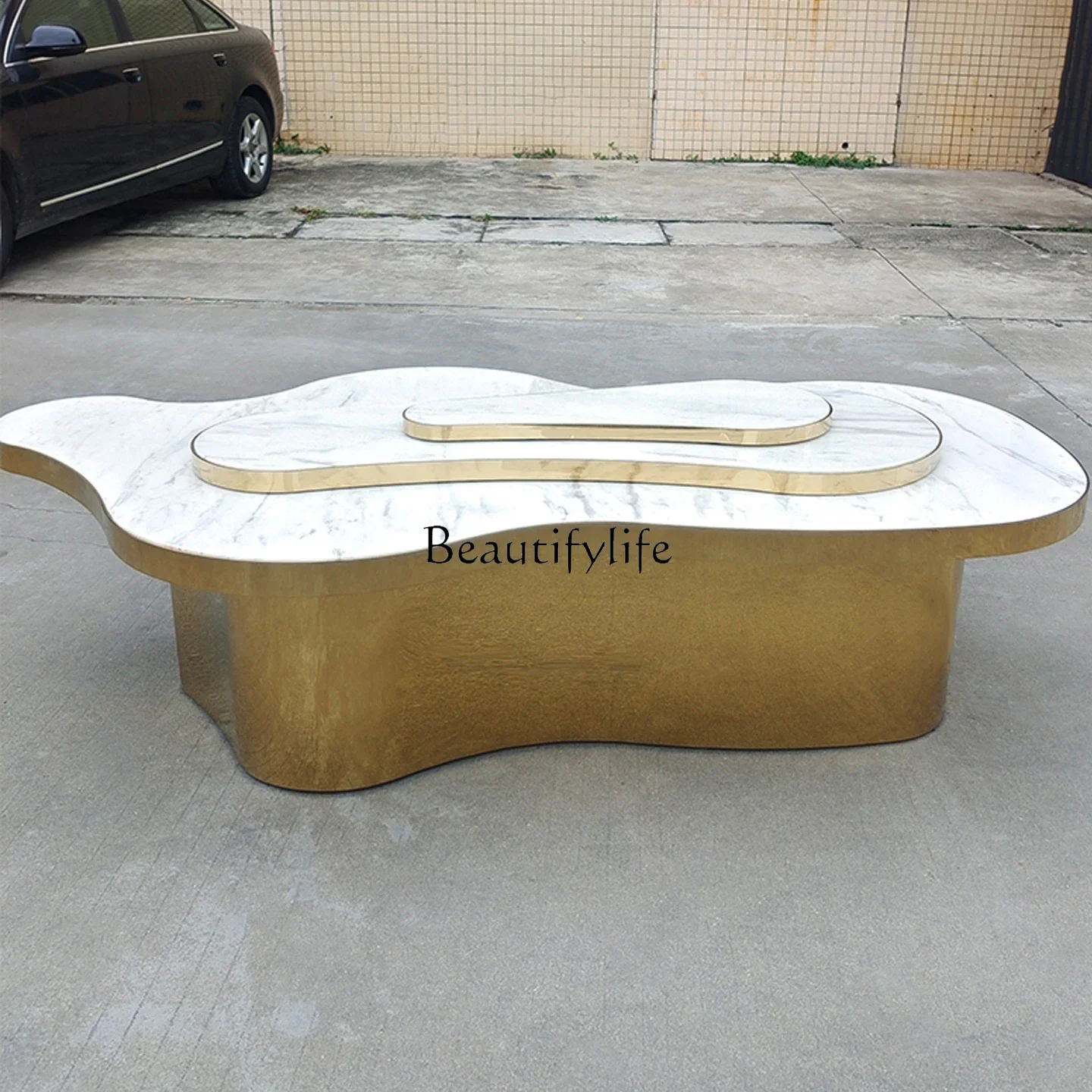 

yj5 Light Luxury Marble Coffee Table Modern Minimalist Living Room Home Irregular Creative Designer Stainless Steel Tea Table