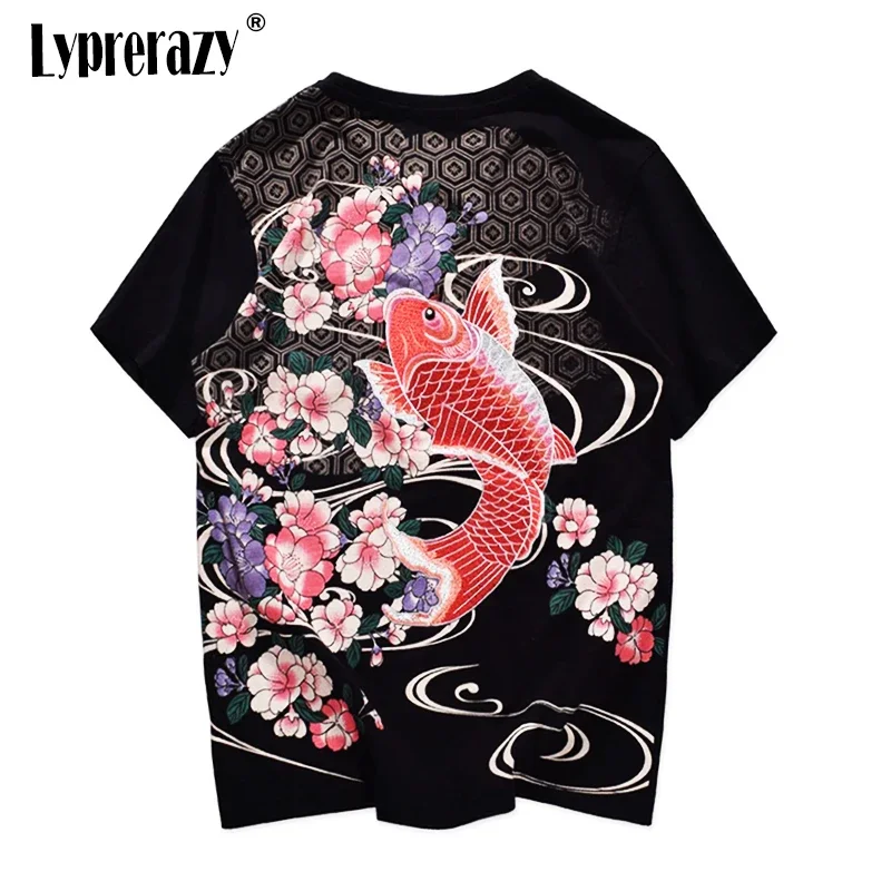

Lyprerazy Chinese Style Floral Carp Fish Embroidery Short-sleeved T-shirt Harajuku Japanese Men's Cotton Tops Tees