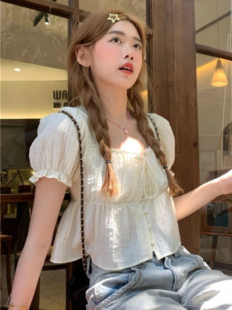 Shirts Women Sweet Girlish Fashion Simple Design Puff Sleeve Leisure All-match Daily Summer Square Collar French Style Tender