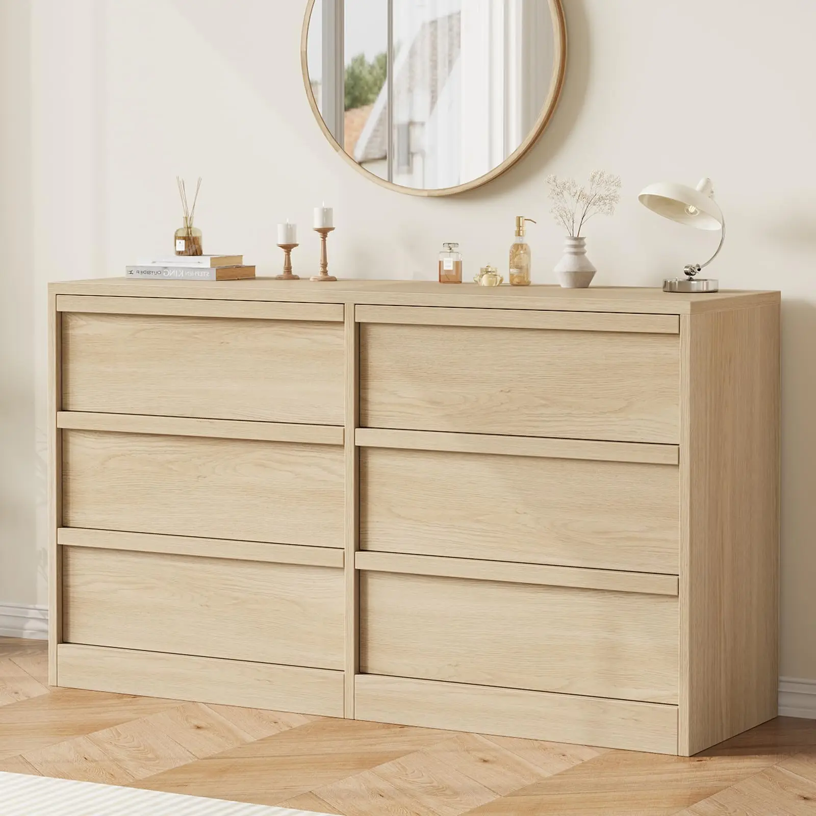 6 Drawer Dresser for Bedroom Wooden Chest of Drawers with Large Storage 47" Freestanding Horizontal Double Dresser Cabinet for Nursery/Entryway/Living Room - Antique White/Natural Oak image 2
