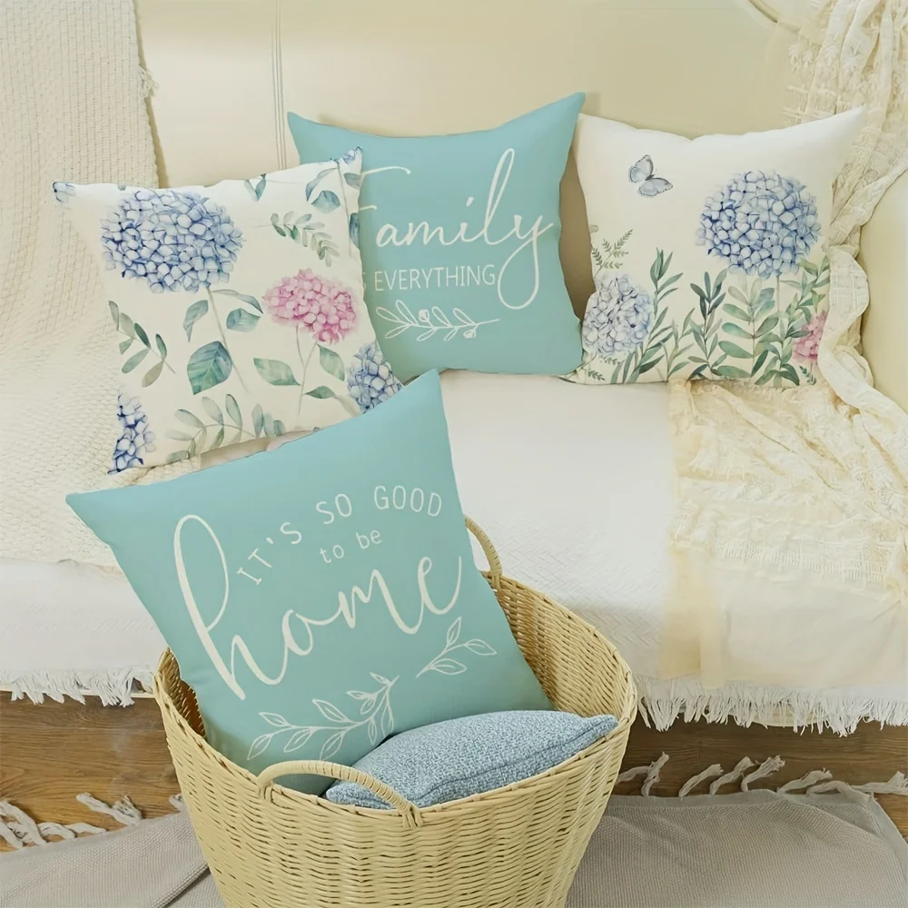Juego  4 Fundas  Almohada Azules  Hortensia Mixtas | Iales para Sofá, Sala  Estar, Dormitorio, Oficina | Decoración