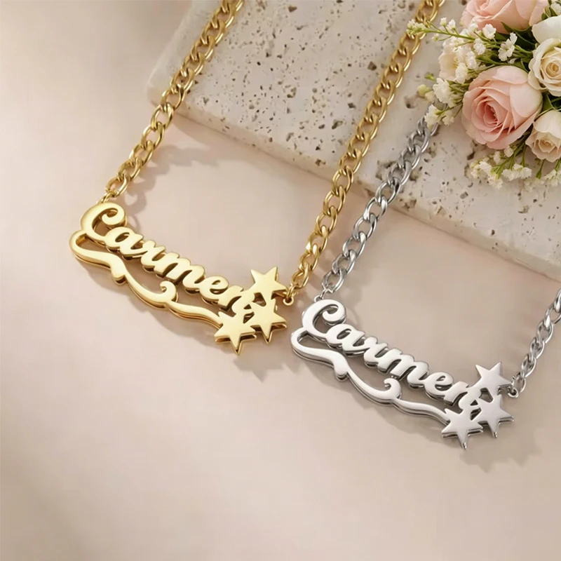 

Customized Double Layer Welding Name Necklace for Women Men Stainless Steel Personalized Heart Star Pendant Couple Birthday Gift