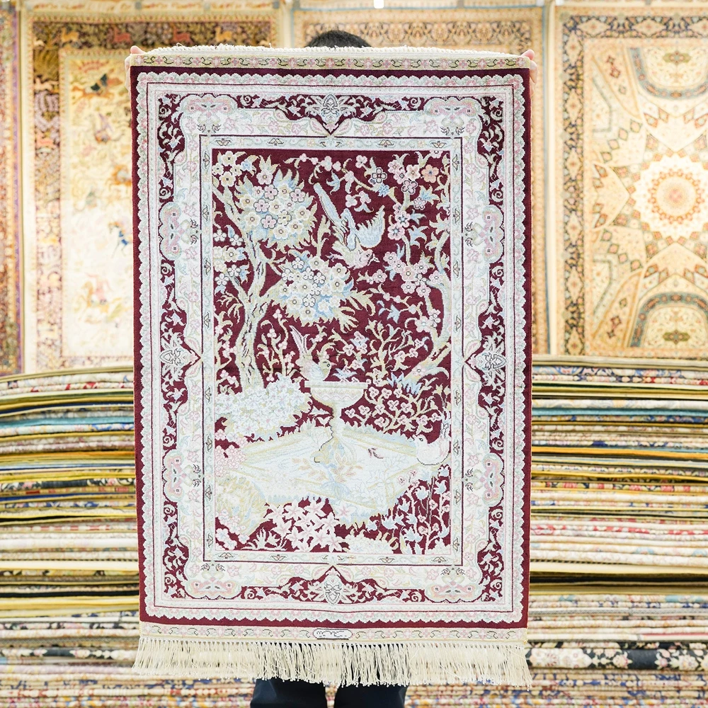 61x91cm Handmade Silk Carpet Red Oriental Home Interior Luxury Area Rug