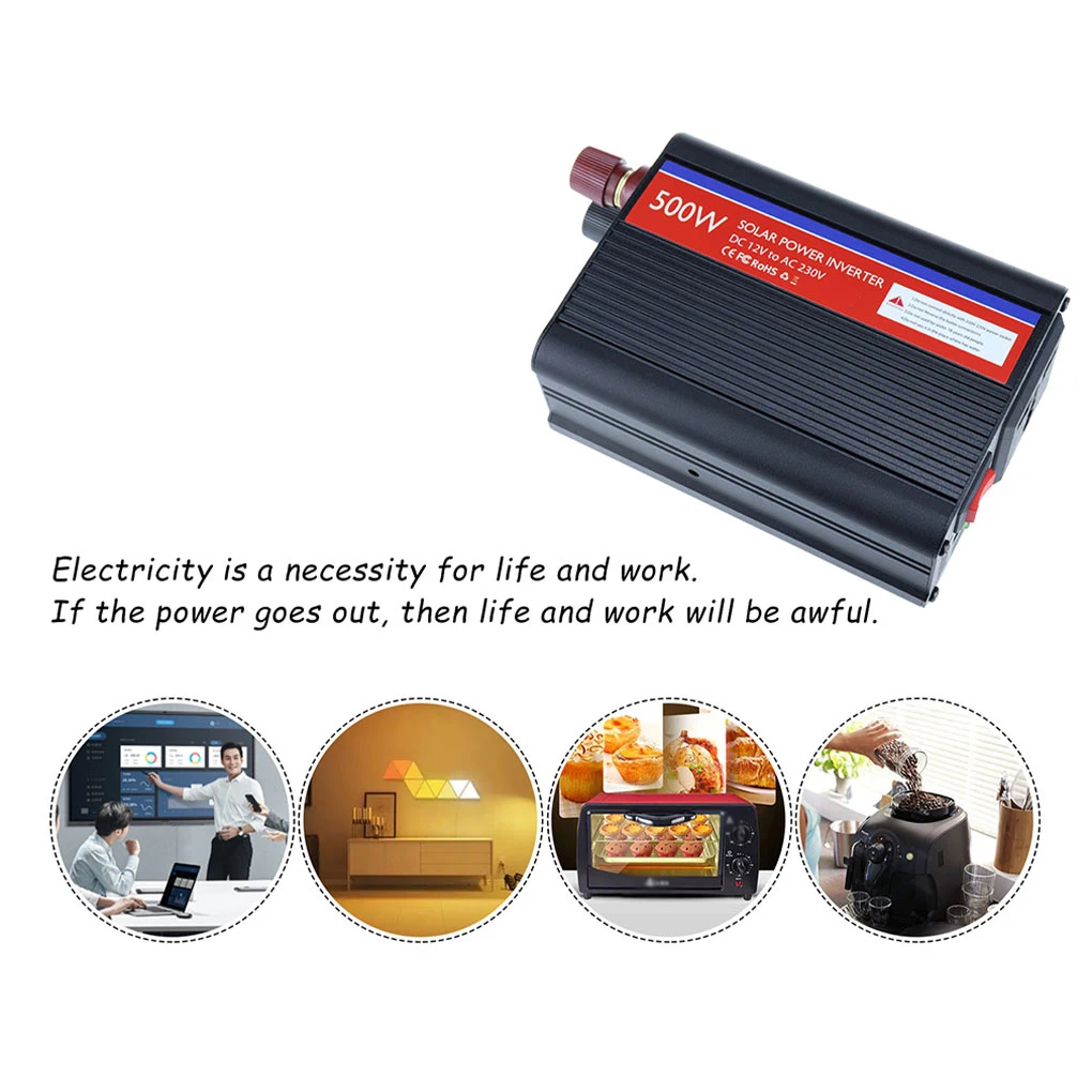 Conversor de energia para veículo de onda senoidal 500W portátil DC 12V para AC 230V Adaptador de ventilador embutido Inversor de emergência externo