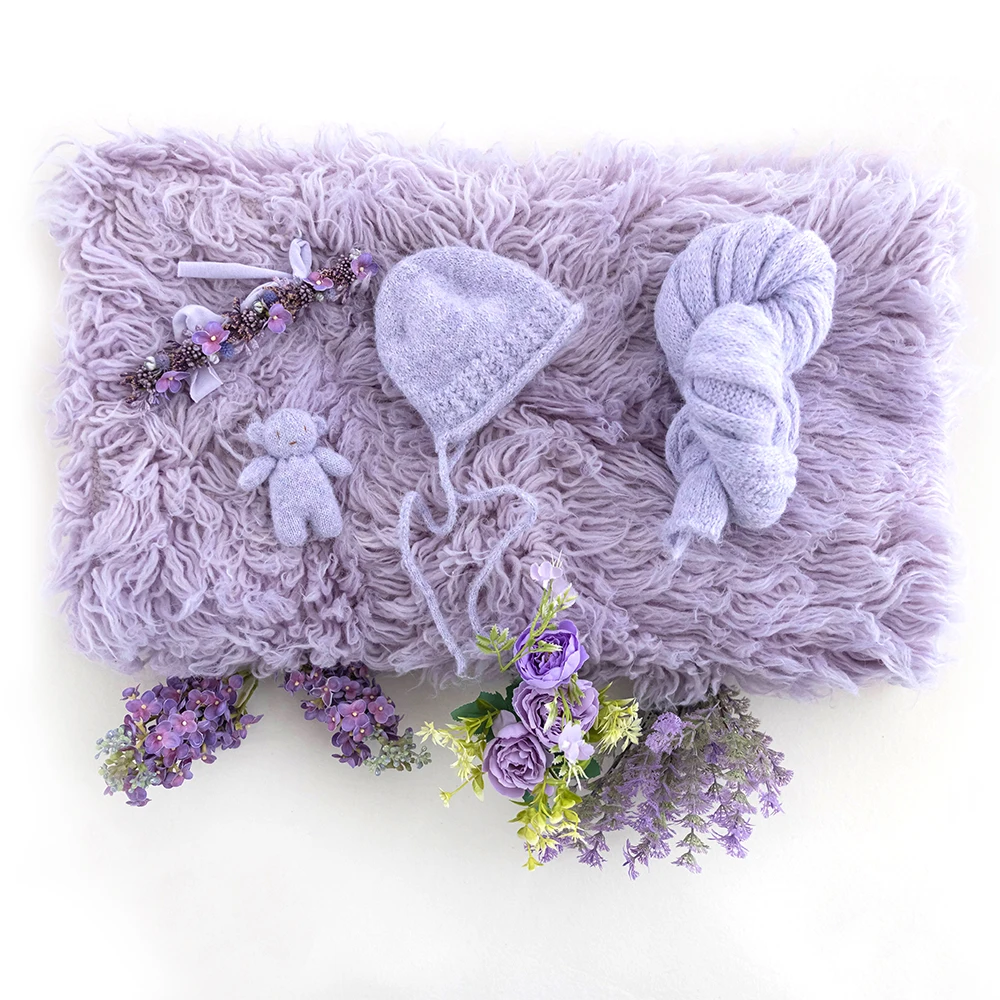 Neugeborenen Wrap Fotografie Requisiten Gestrickte Wraps Hut + Bär Puppe Set Blume Kopfschmuck Künstliche Blumen Lila Thema Baby Foto Requisiten