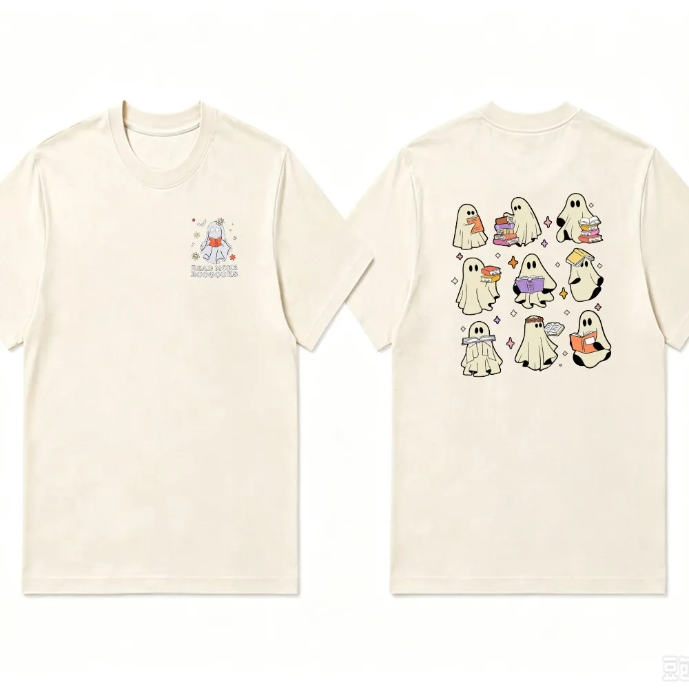 Halloween Bookish Ghost Print T‑Shirt Double‑Sided Graphic Tees Cute Reading Casual Cotton Top Spooky Fall Gift for Book Lovers