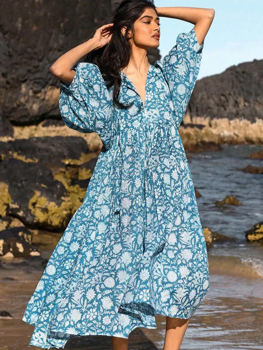 

2025 New Floral Viscose Holiday Dresses Casual Loose Medium-sleeved Dress Fashion Women's Summer Bohemian Dress/ Vestidos