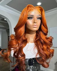 Peruca dianteira de renda laranja gengibre para mulheres, cabelo humano, transparente, onda frontal do corpo, pré-arrancada, 13x4