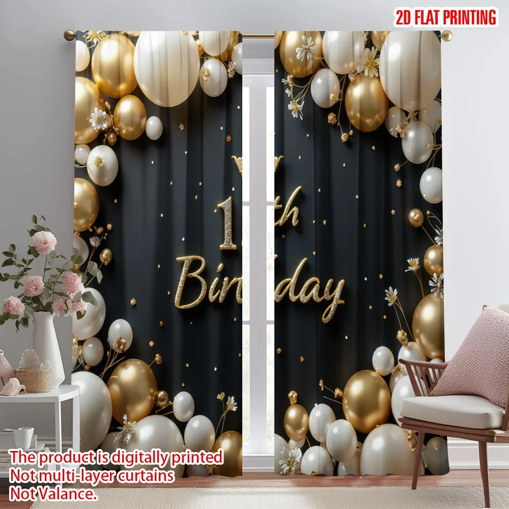 

2D flat printing 2pcs Curtains 15th Birthday Gold Balloons Digital Printed Polyester Drapes Festive Curtains Perfect for Home &
