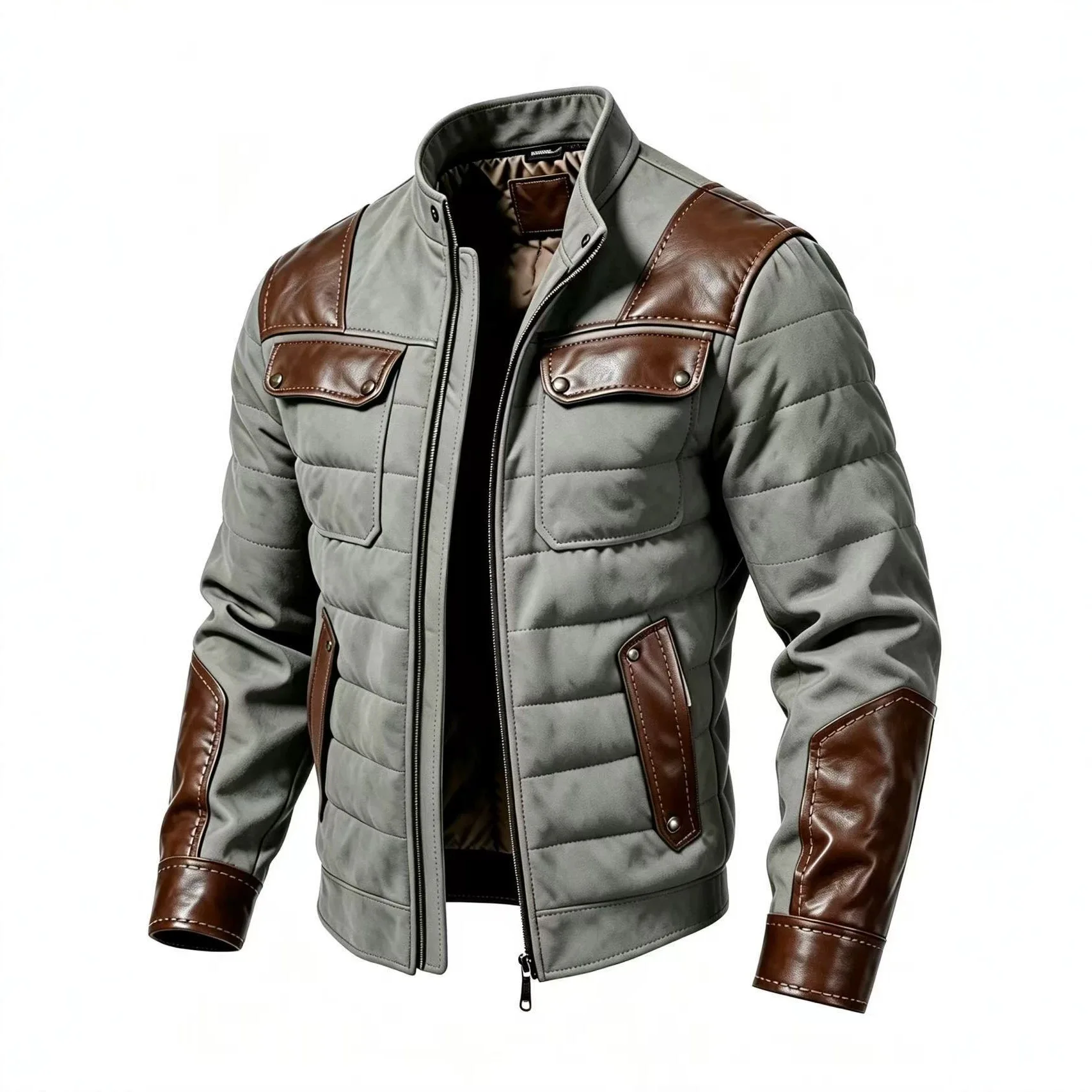 Men's Vintage Stand Collar Quilted Cotton Jacket Faux Suede Patchwork Thick Warm Outerwear Motorcycle Coat Fashion Casual Jacket