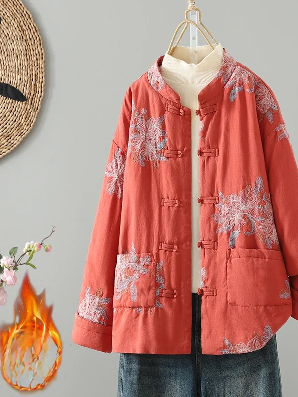 سترة القطن للسيدات من Ele مع تطريز فضفاض ومريح من مادة الكتان متعددة الاستخدامات، الاتجاه الوطني الصيني #4