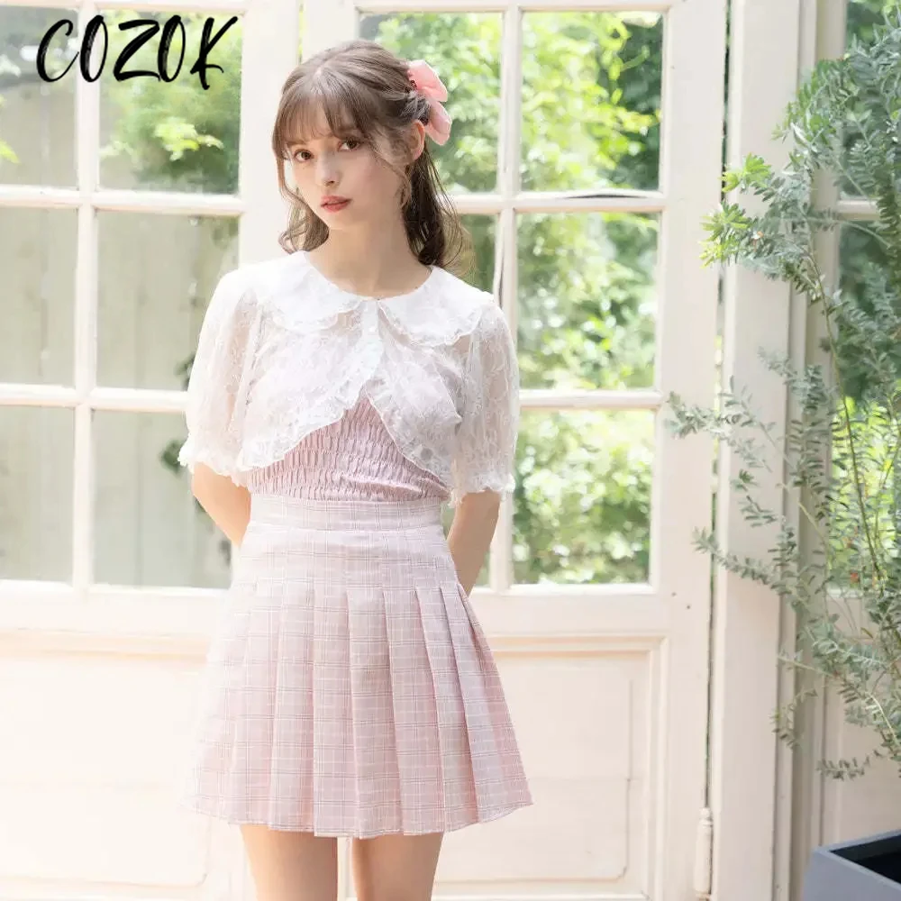 Japanese Style Summer New Sweet Lace Cape Shawl with Sling Two-Piece Set Lady Girls Slimming Lace Bow Short Sleeve Blouse Top