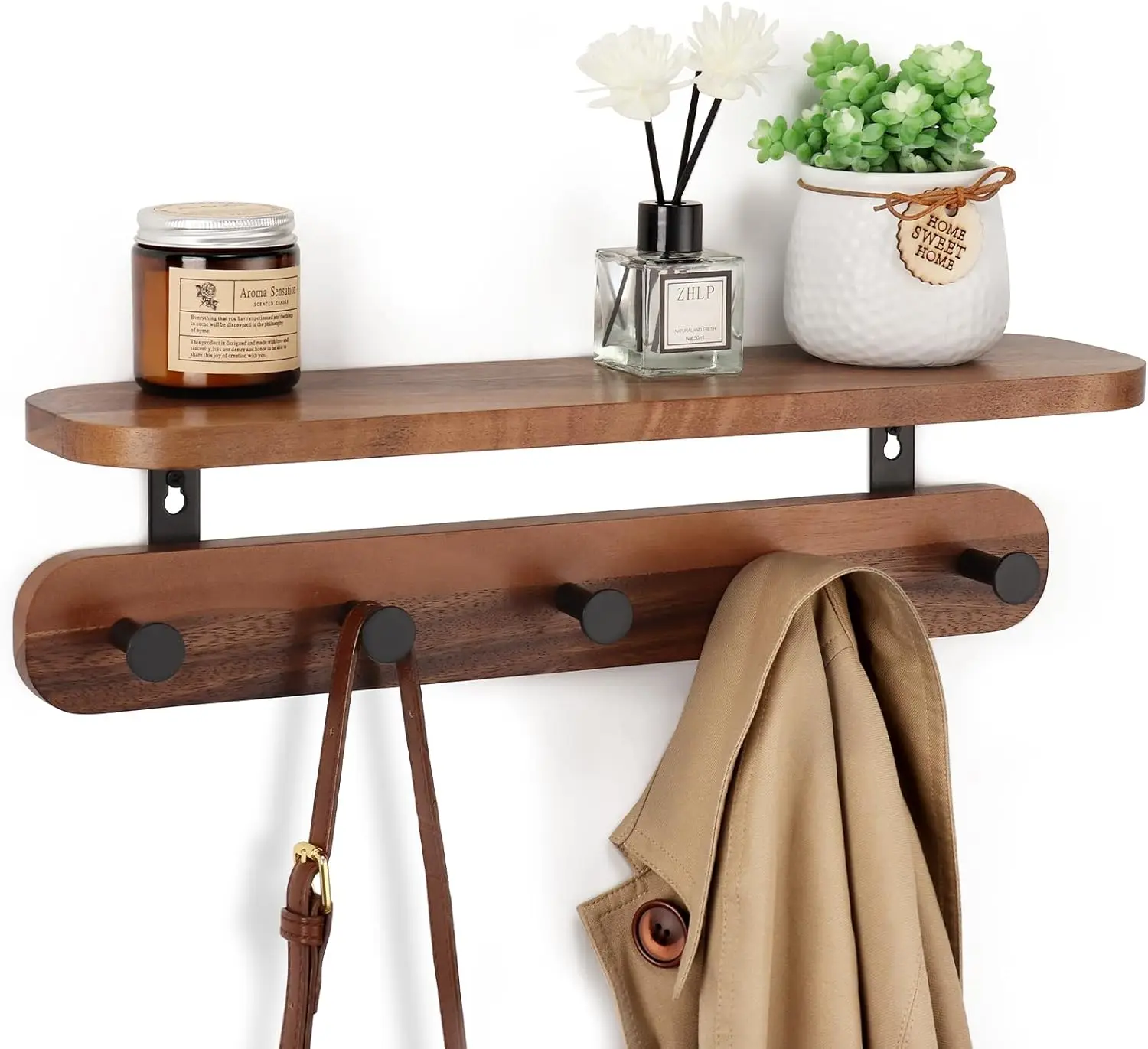 

Walnut Wood Wall Shelf with Hooks, Floating Shelves for Coats and Backpacks in Living Room, Bedroom, Bathroom