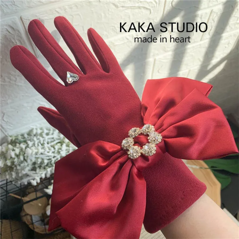 

large rribbon bowknot gloves for women autumn winter plush lining warm touch screen solid color black camle red pink purple gray