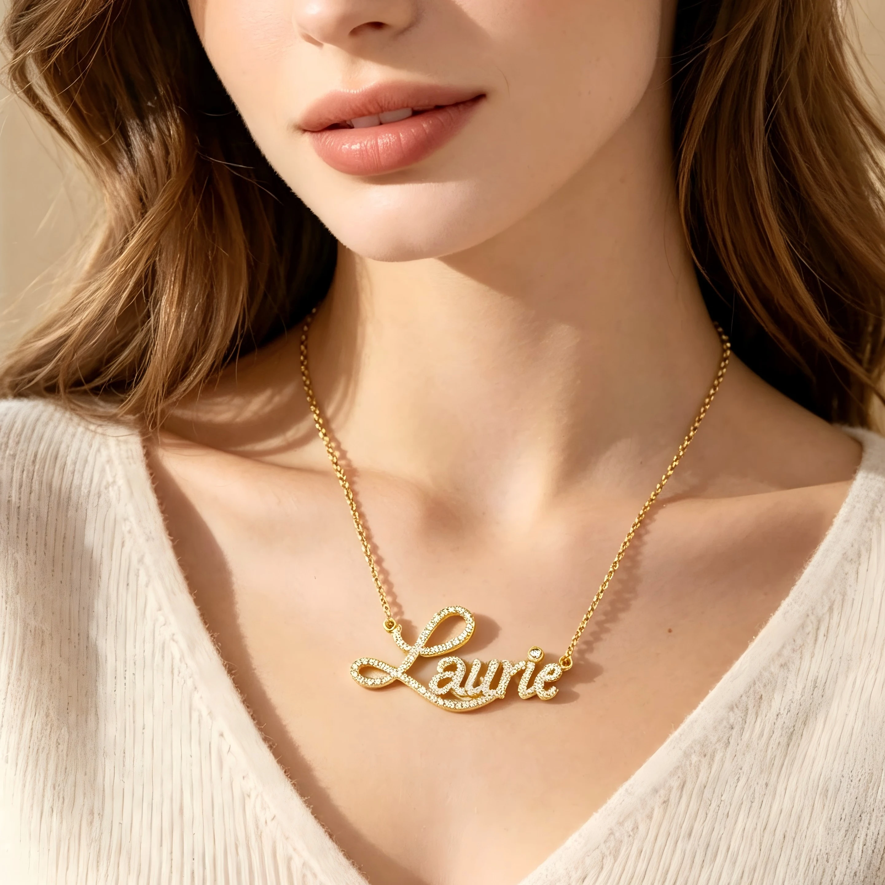 Personalisierte Kristall-Namenskette für Frauen, Individueller Kursivschrift-Anhänger, Valentinstag- und Geburtstagsgeschenk, Gold, Silber, Mehrfarbig – Detail 3