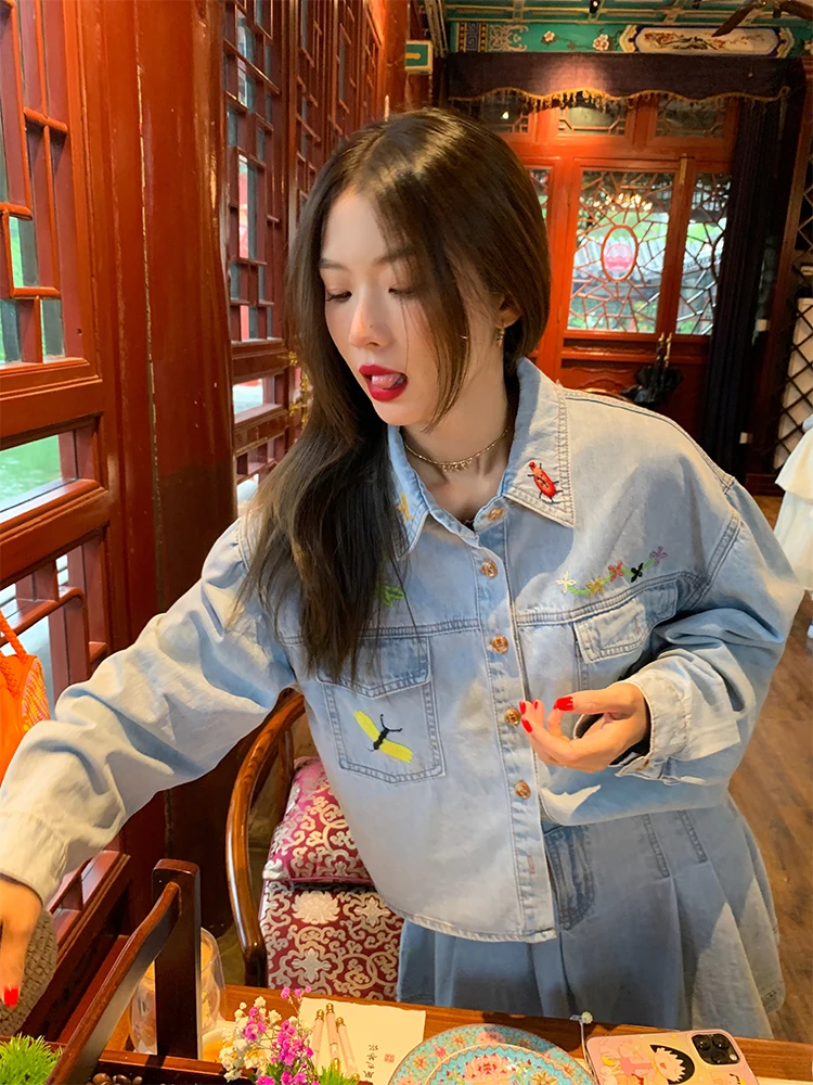 

Модный джинсовый комплект с высокой талией для женщин: костюм-двойка с длинным рукавом из хлопка, повседневный стиль, на все сезоны, для взрослых