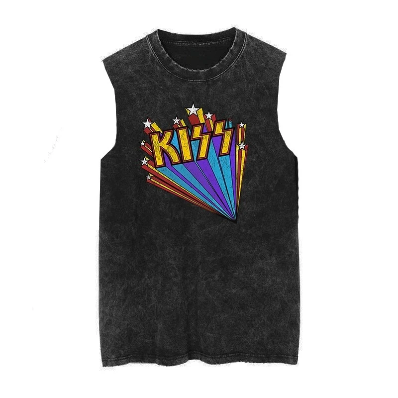 

Американский винтажный стираный хлопок Kiss Band для мужчин и женщин, новый свободный жилет, модная трендовая футболка без рукавов в стиле ретро, топы на бретелях, лето 2025