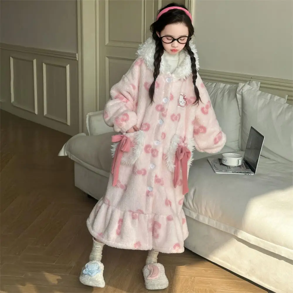 Anime My Melody Kids Girls Long Hooded Plush Pajamas Suit Sanrioed Babys Home Clothes Winter Cartoon Warm Thicken Loungewear