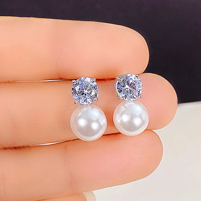 Huitan Dainty Women Imitation Pearl Stud Earrings Silver Color Eternity Wedding Earrings Daily Wear Temperament Elegant Jewelry