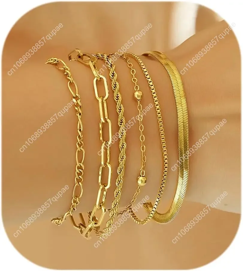 

Waterproof Gold Bracelets for Women Trendy, Dainty 14K Real Gold Plated Fashion Stackable Bracelet Sets for Women Thin Cub