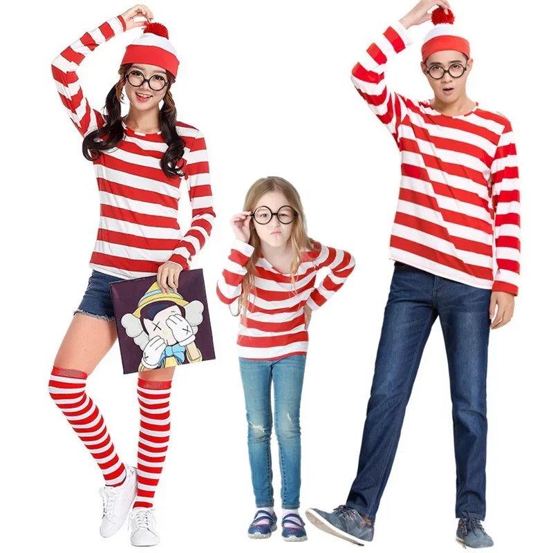 

Waldo Book Week Fancy Dress Where's Wally Family Matching Parent-Child Costume Red White Stripe Shirt +Hat +Glasses Girls Boys