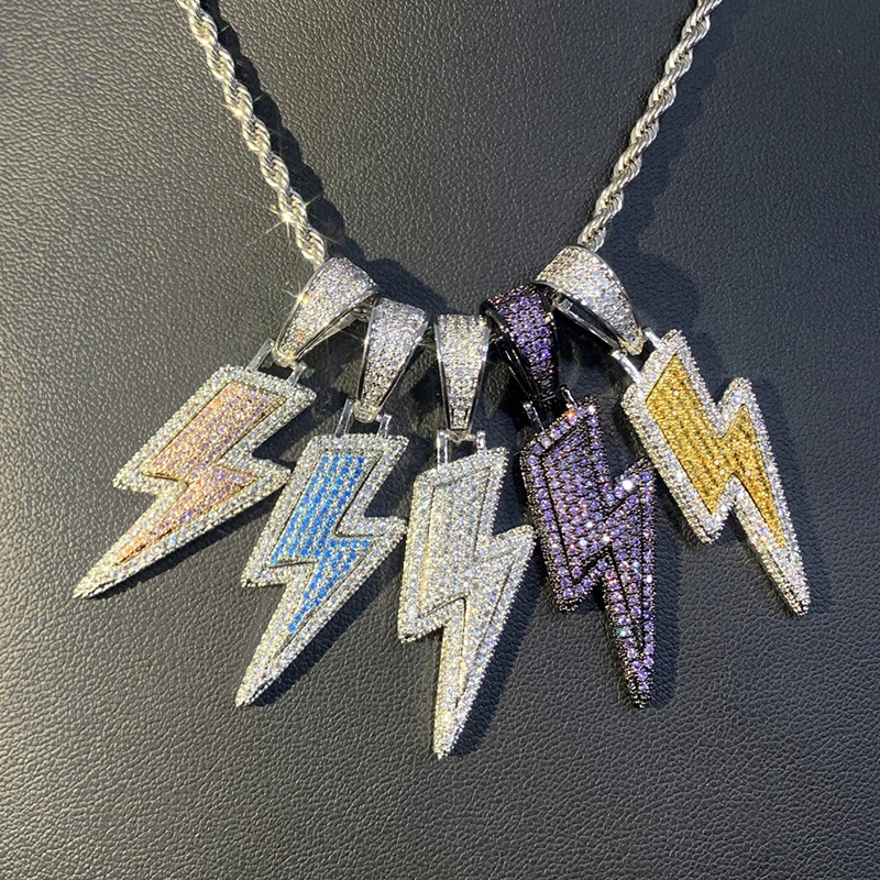 Hip Hop 3A+ CZ Stone Paved Bling Iced Out Lightning Pendants Necklace For Men Charm Rapper Jewelry Colored Color