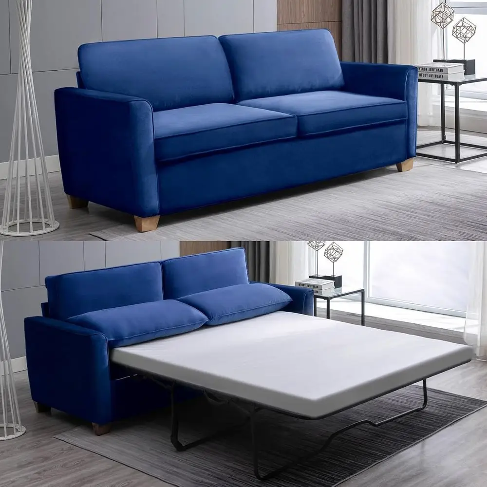 

70 Velvet 2-in-1 Convertible Sleeper Sofa with Pull-Out Bed, Mattress & Pillows Included for Home or Office, Available in Blue