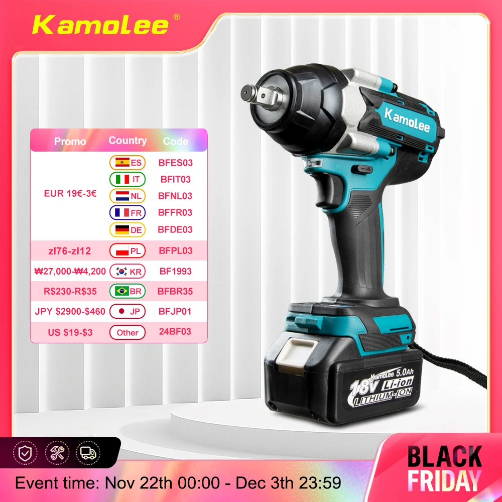 Kamolee 1800 N.M Torque DTW700 Brushless Electric Impact Wrench 1/2 In Lithium-Ion Battery For Makita 18V Battery