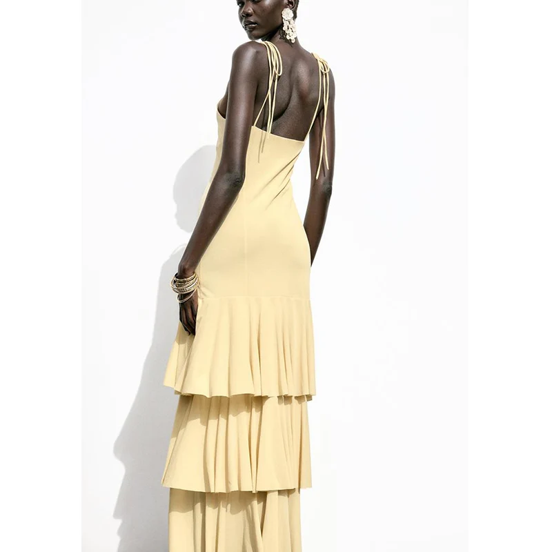 Vestido F de Verão Novo Estilo com Decoração de Laço Borboleta Midi Decote em V Camadas E Cintura Alta Sem Mang...