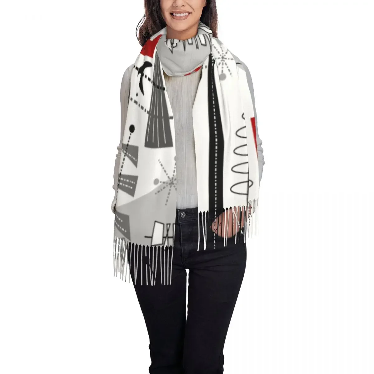 Ladies Long Mid Century Modern Abstract Geometric Scarves Women Winter Fall Soft Warm Tassel Shawl Wrap Atomic Inspired Scarf