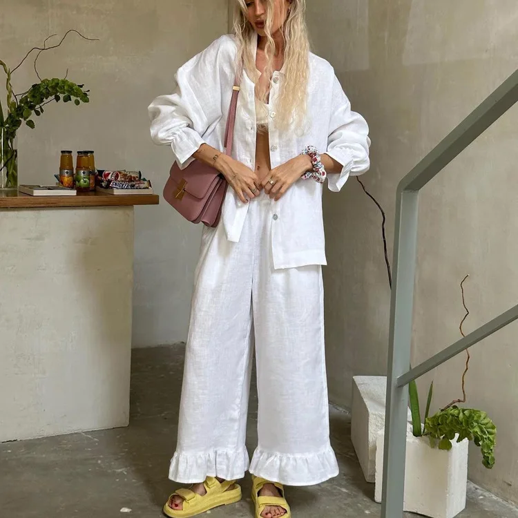 

Женский пижамный комплект, хлопковый костюм с длинными рукавами и рюшами, костюм-двойка с брюками и однобортной трехмерной пижамой.