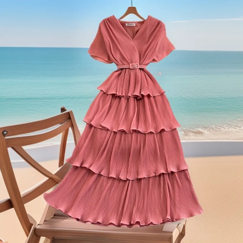 

Модное пляжное платье 2026 года для отпуска на море, женское летнее платье макси с коротким рукавом, многоярусное, с поясом, элегантное, с широким подолом, А-силуэт