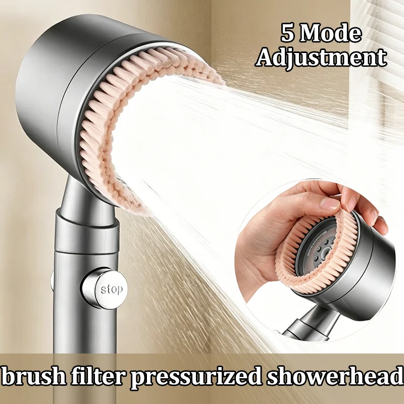 5 Gear Adjustable Handheld Shower Head With Cleaning Brush Powerful High Pressure Purify Filter Skin Massage Bathroom Shower