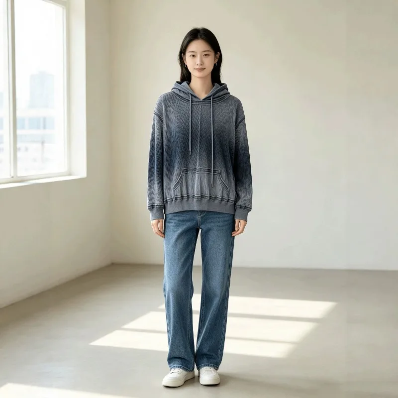 Miyake Pleated Sweatshirt 2026 Autumn New Imitation Washed Gradient Hooded Sweatshirt Women Loose Pocket Casual Hoodie Women
