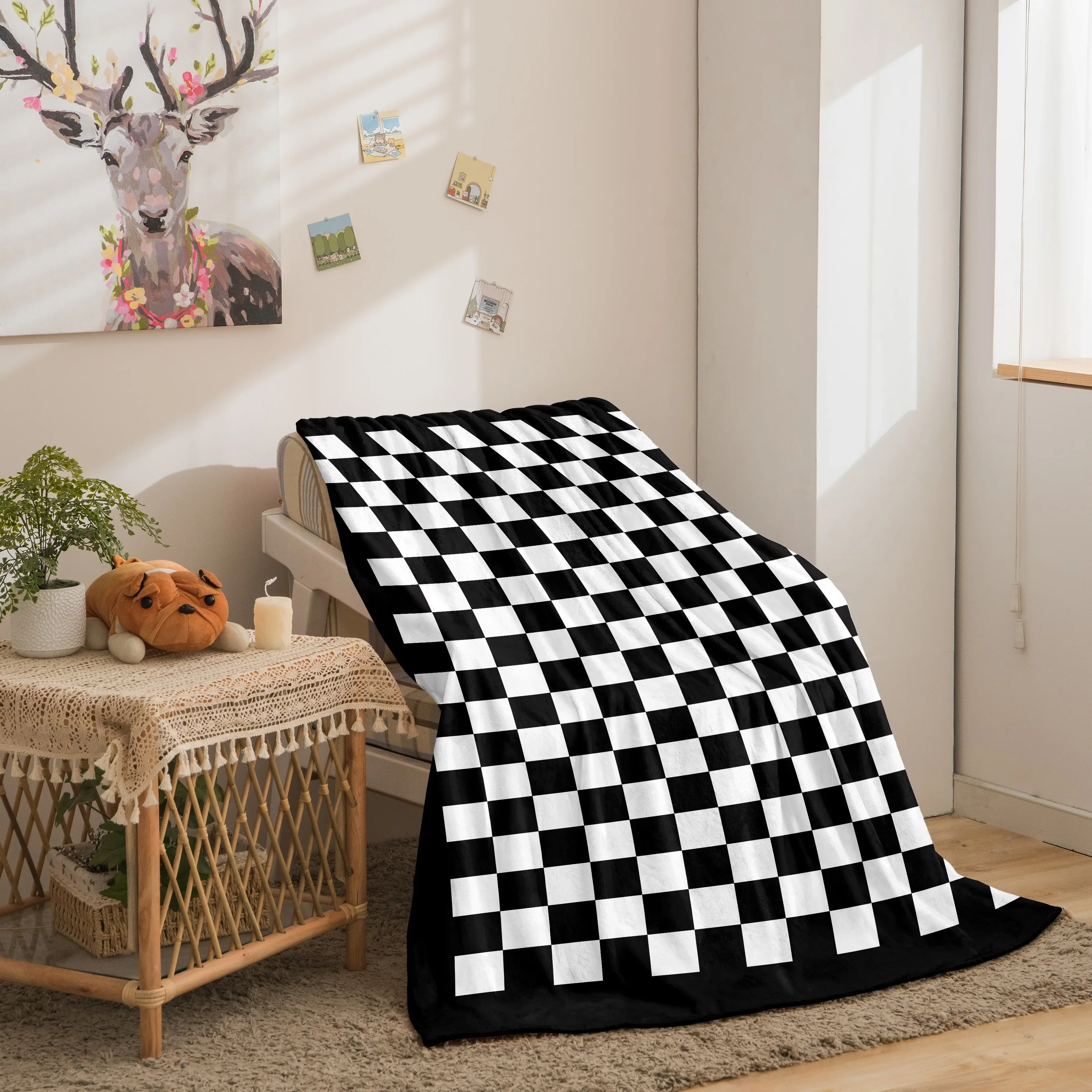 Checkerboard Flannel Blanket Black White Timeless Pattern Soft Plush Fabric For Living Room Bedroom Use Perfect For Cold Evening