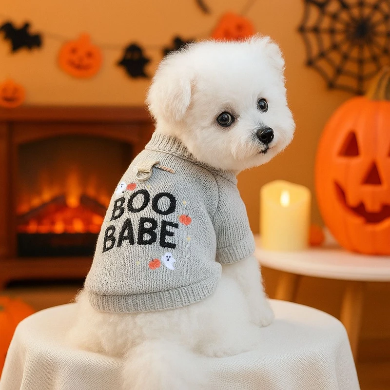 

New Pumpkin Ghost Halloween Round-Neck Pet Costume with Playful Color Combinations British-Style Embroidered Pullover Jacket