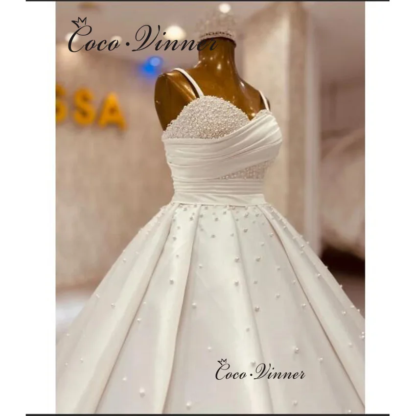 Abito da sposa in raso con perline di perle personalizzate 2025 Cinghie piccole Abito da ballo Stile elegante Abiti da sposa principessa da donna W1444