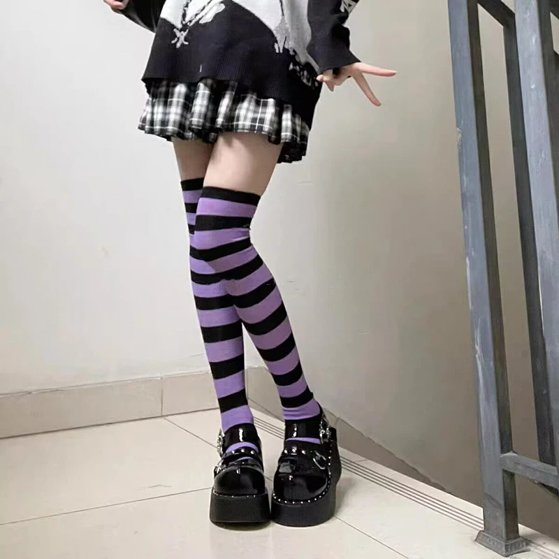 Color Striped Stockings Japanese Over Knee Socks Sexy Slim Long Soks Black White Striped Hosiery Thigh High Stockings Knee