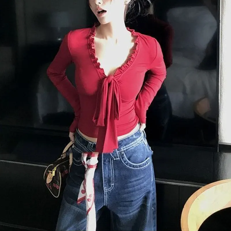 Fashionable V-Neck Drawstring Bow Pullovers Female Clothing Solid Color Autumn Long Sleeve Slim Casual Folds Spliced T-shirts