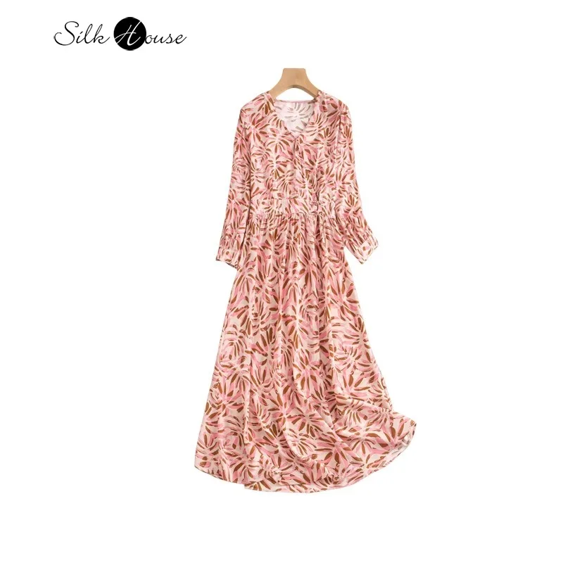 

Atmosphere V-neck Buckle One-piece Wrap 100% Natural Mulberry Silk Crepe De Chine Pink Printed Women's Long Sleeved Dress